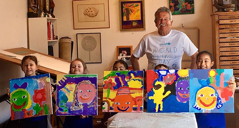 <p>Ken and the kids in his studio in The Rocks.</p>