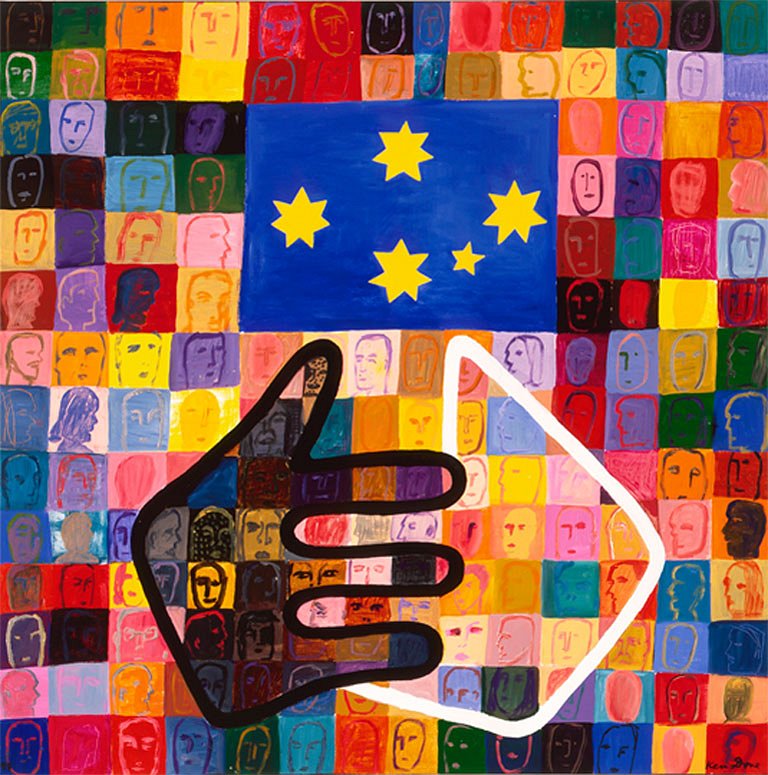 <p><em><strong>Australia Day 1</strong></em>, 1998, oil and acrylic on canvas, 120 x 120 cm</p>