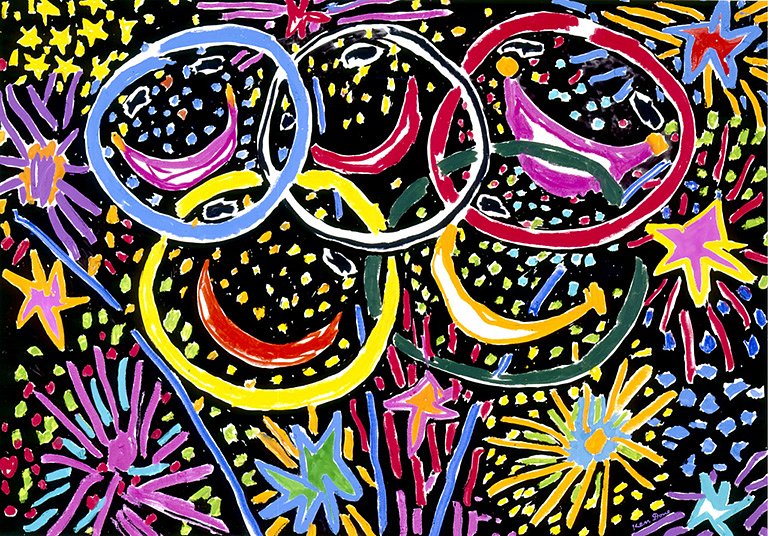 <p><em><strong>Exploding Olympic rings</strong></em>, 2000, acrylic and oil crayon on paper, 49 x 71 cm</p>