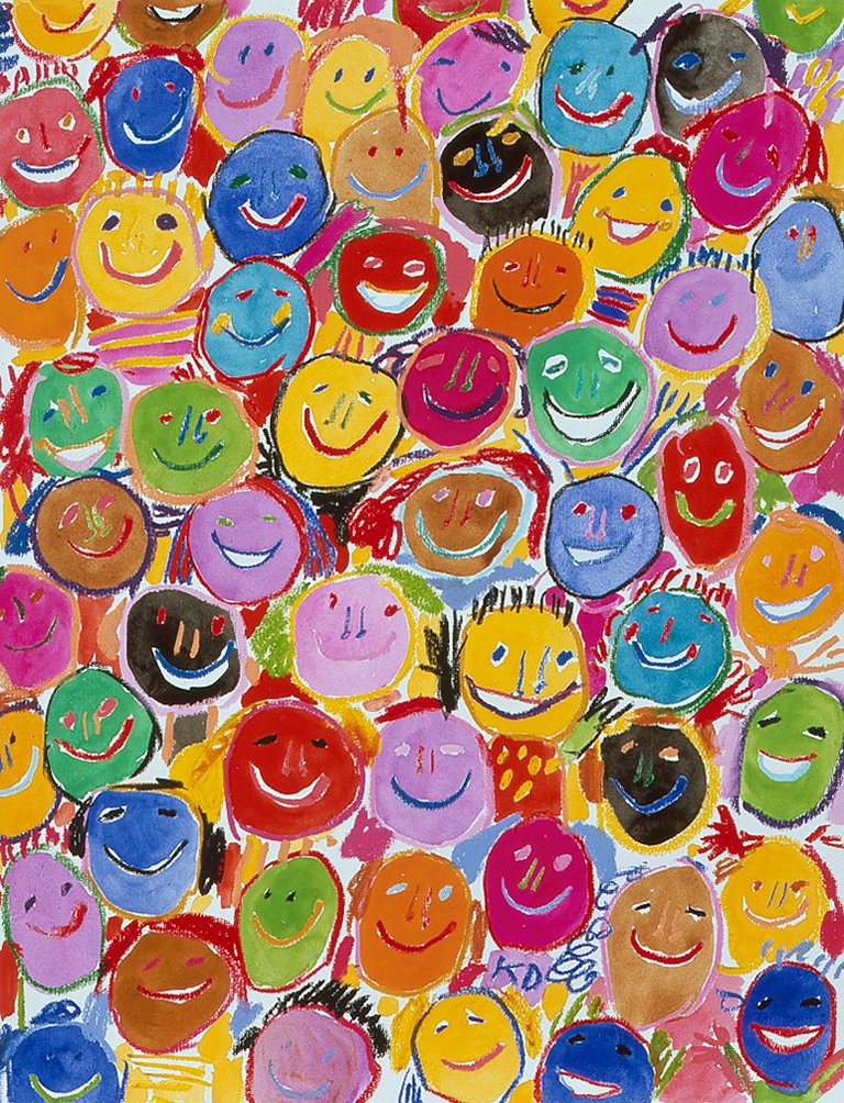 <p><em><strong>Happy faces</strong></em>, Unicef, 1990, gouache and crayon on paper, 59 x 49 cm</p>