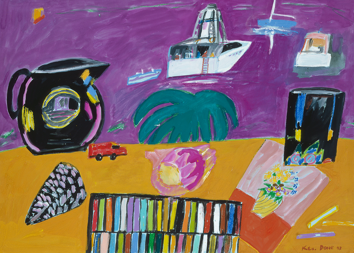 Black jug, oil crayons and purple sea