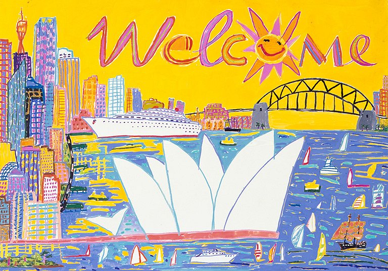 <p><em><strong>Welcome Sydney</strong></em>, 2000, acrylic and oil crayon on paper, 51 x 73 cm</p>