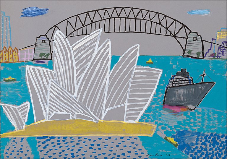 <p><em><strong>Sydney Opera House and grey ship</strong></em>, 2006, acrylic and oil crayon on coloured card, 48 x 68 cm</p>